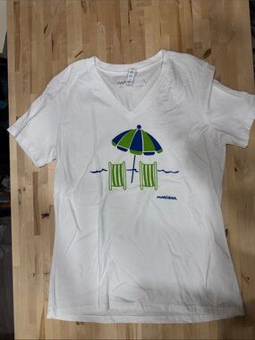 Marushka White V-Neck Tee with Blue & Green Beach Graphic